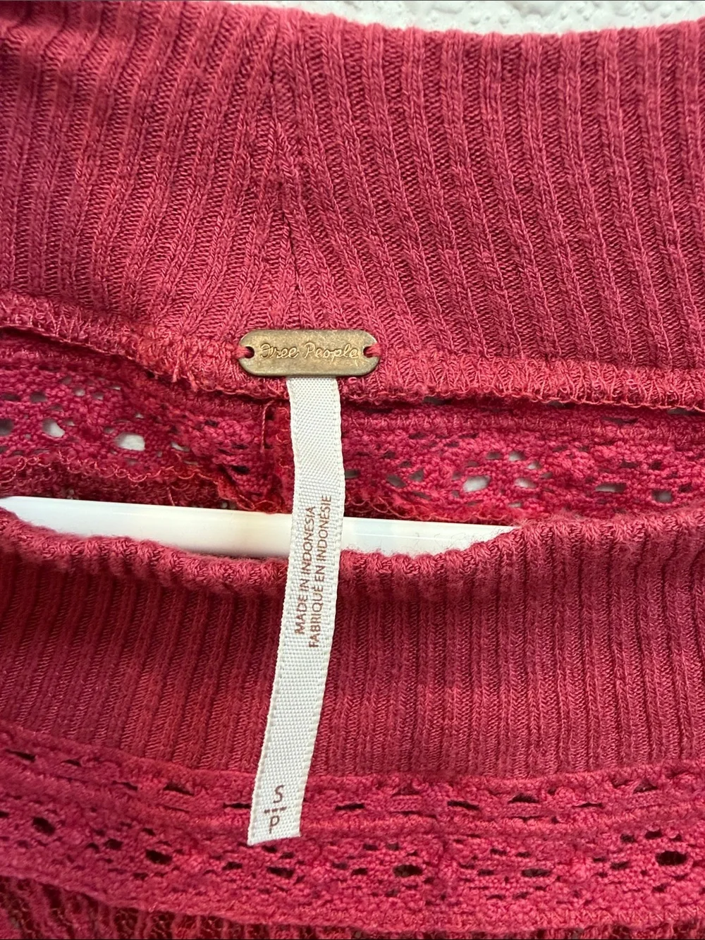 Free People Lace Yoke Waffle Knit Long Sleeve Top in Raspberry
